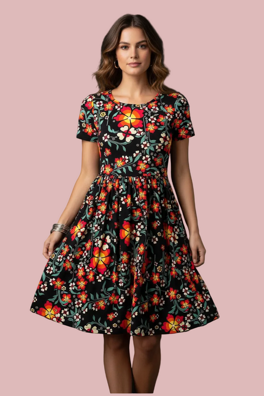 Amelia Fitted Dress - Black and Orange Floral
