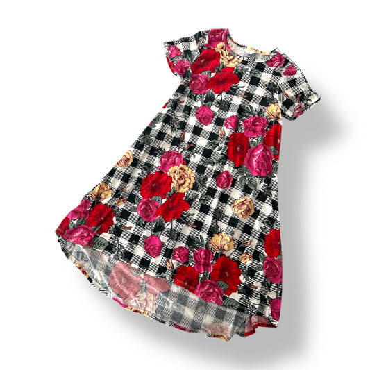 LuLaRoe Carly Dress - Black White Gingham Floral Print with Roses