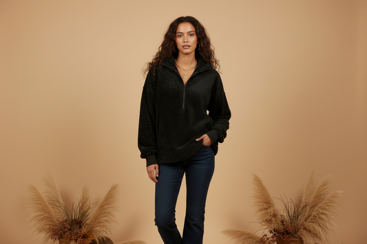 Nancy Half Zip Pullover - Solid Black Velveteen