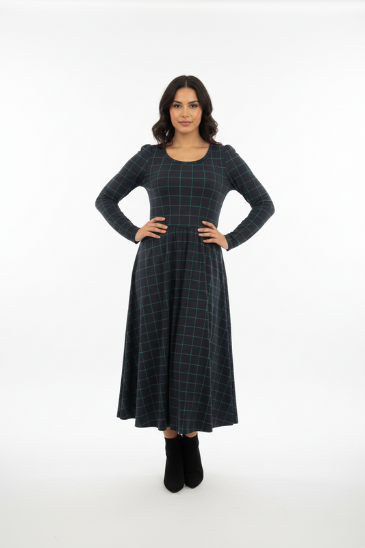 Ryane Maxi Dress - Navy Green Plaid
