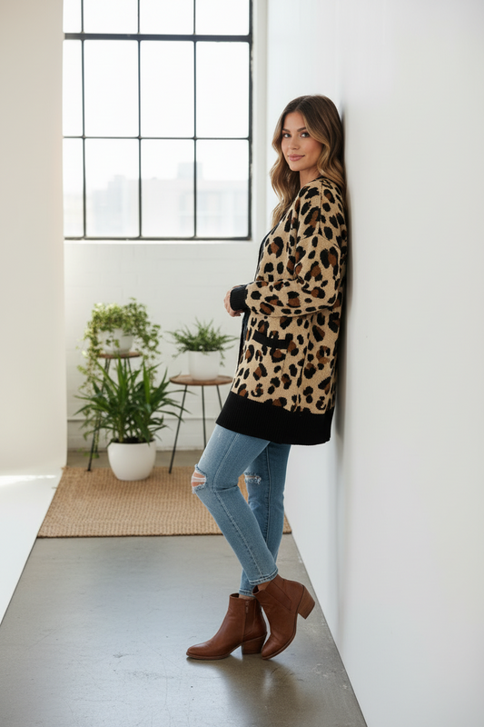Peyton Cardigan - Tan Brown Black Cheetah Print