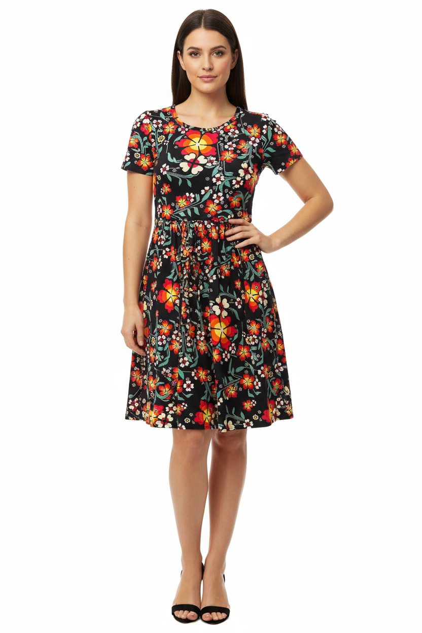 Amelia Fitted Dress - Black and Orange Floral