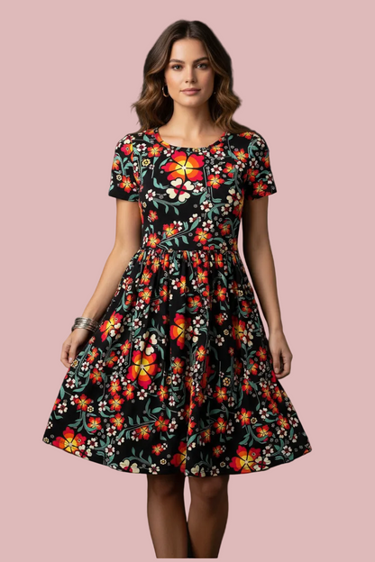 Amelia Fitted Dress - Black and Orange Floral