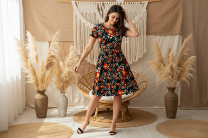 Amelia Fitted Dress - Black and Orange Floral