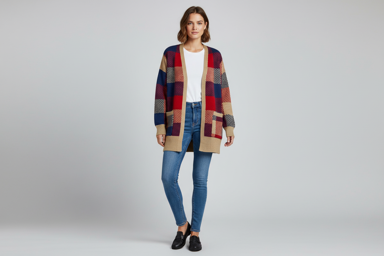 Peyton Cardigan - Red Blue Tan Plaid