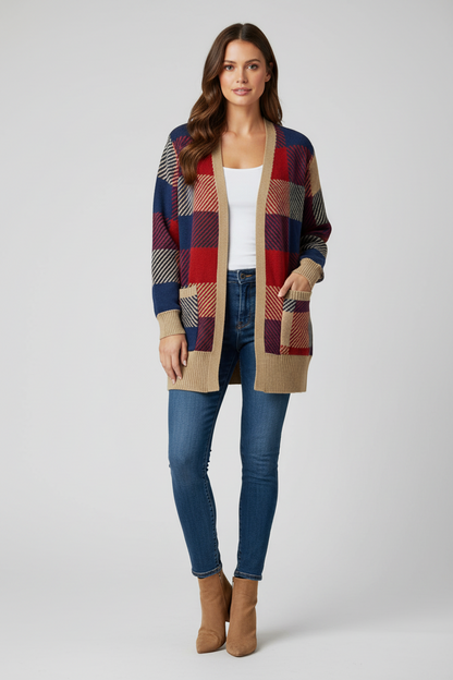 Peyton Cardigan - Red Blue Tan Plaid