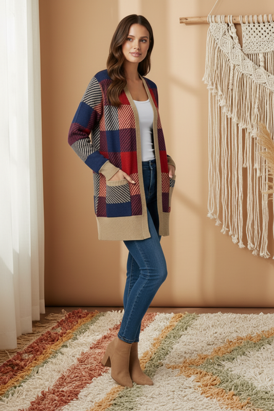 Peyton Cardigan - Red Blue Tan Plaid