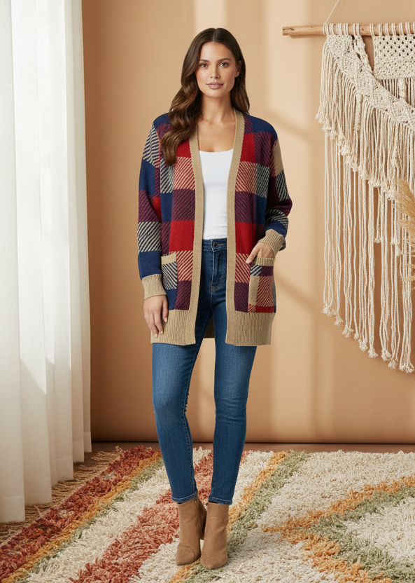 Peyton Cardigan - Red Blue Tan Plaid