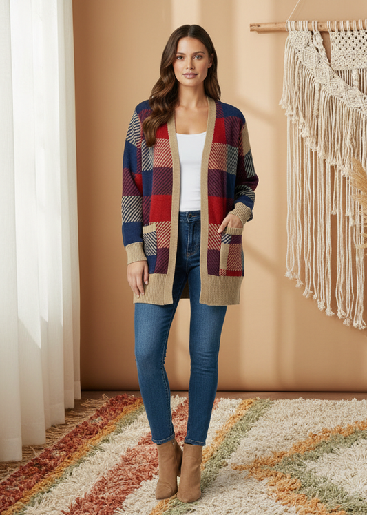 Peyton Cardigan - Red Blue Tan Plaid