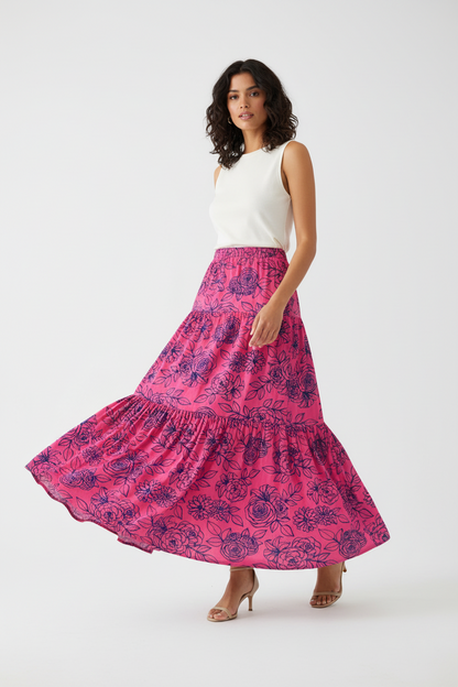 Poppy Maxi Skirt - Pink Blue Rose