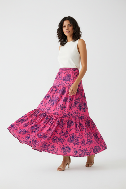Poppy Maxi Skirt - Pink Blue Rose