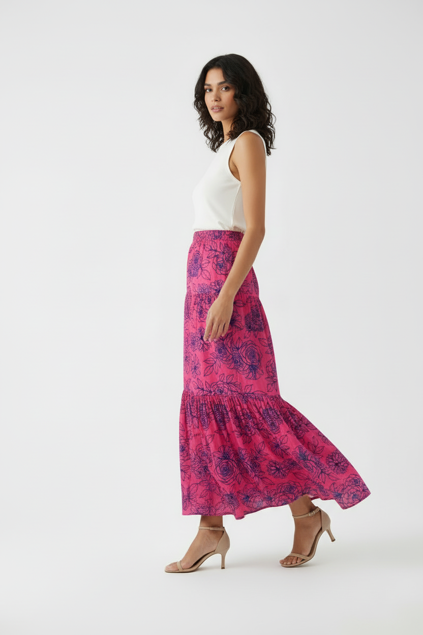 Poppy Maxi Skirt - Pink Blue Rose