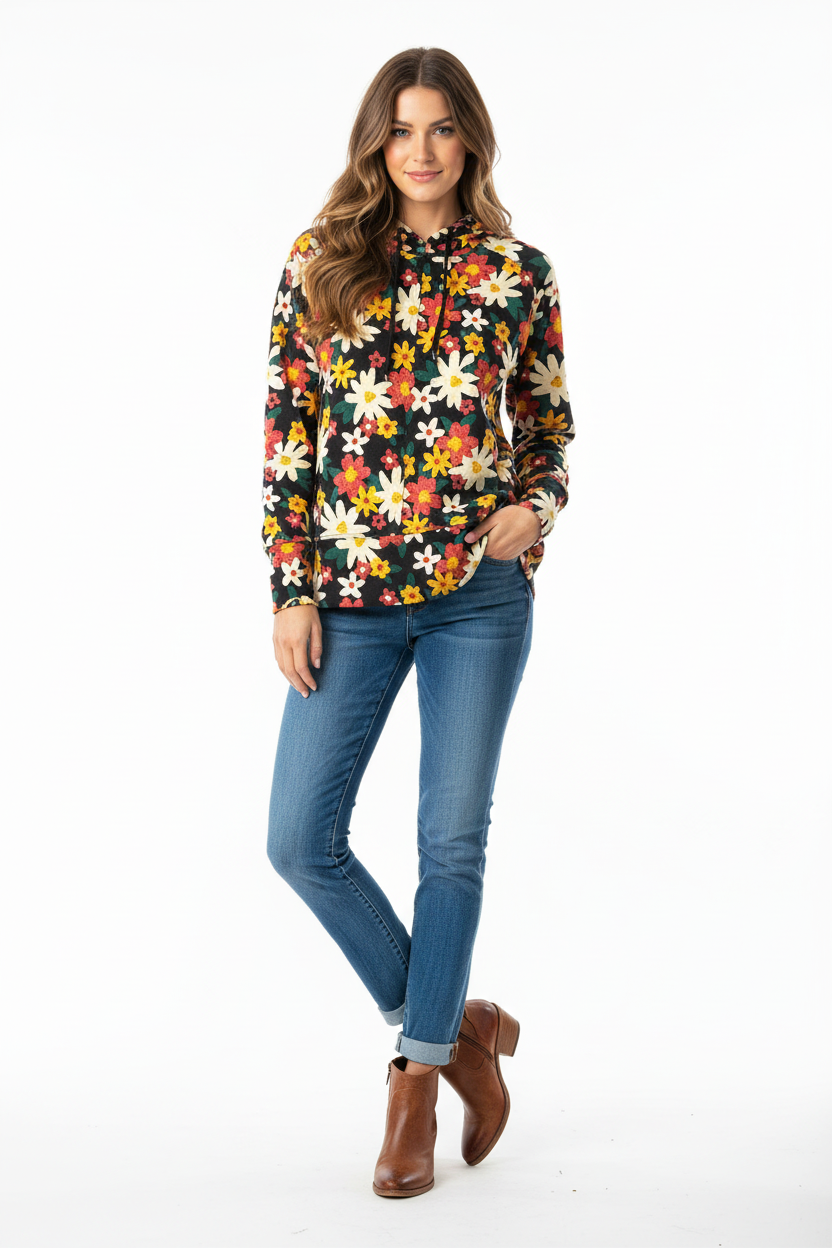 Regan Hoodie - Black Red Yellow Floral