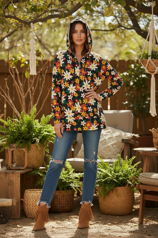 Regan Hoodie - Black Red Yellow Floral