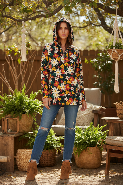 Regan Hoodie - Black Red Yellow Floral