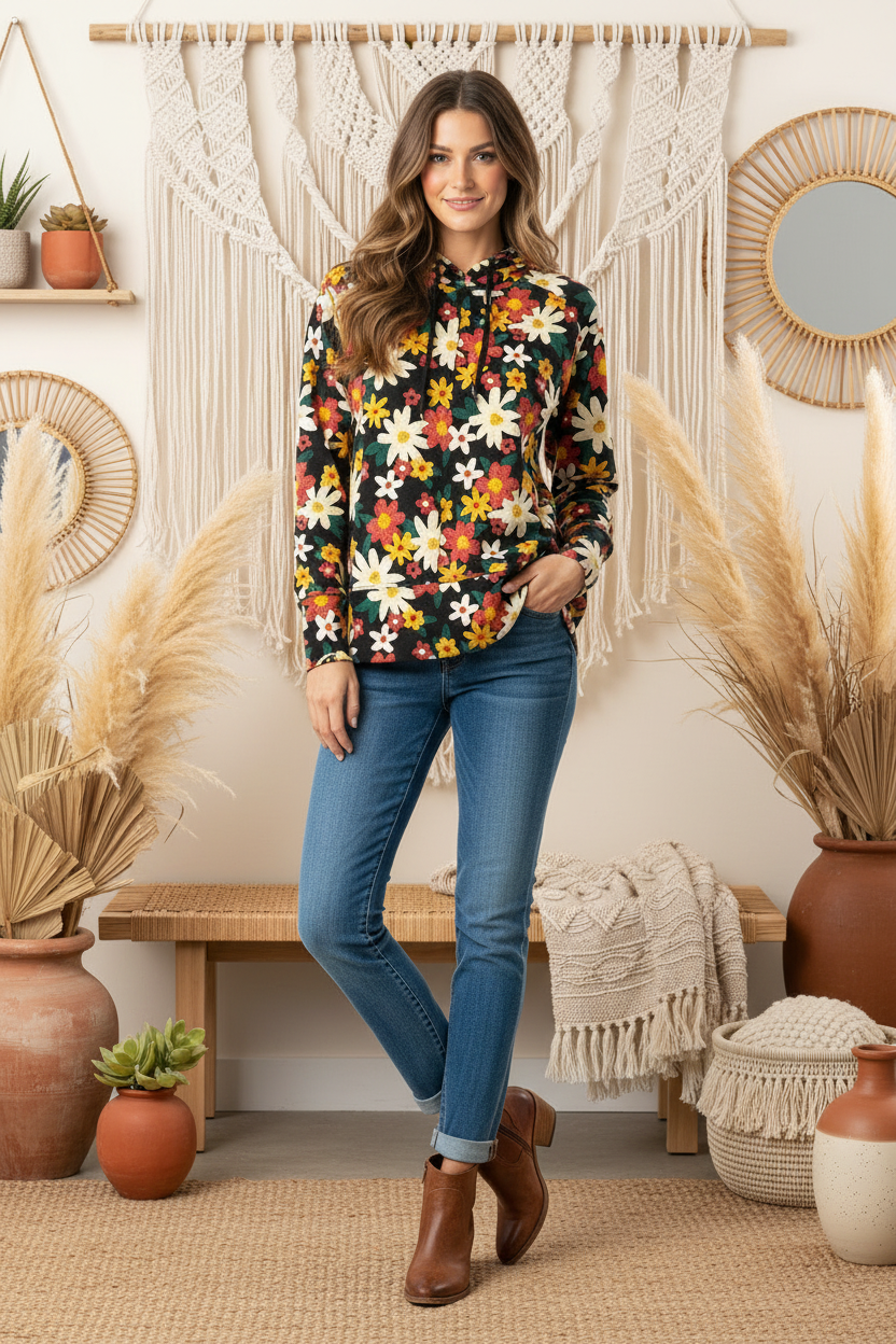 Regan Hoodie - Black Red Yellow Floral