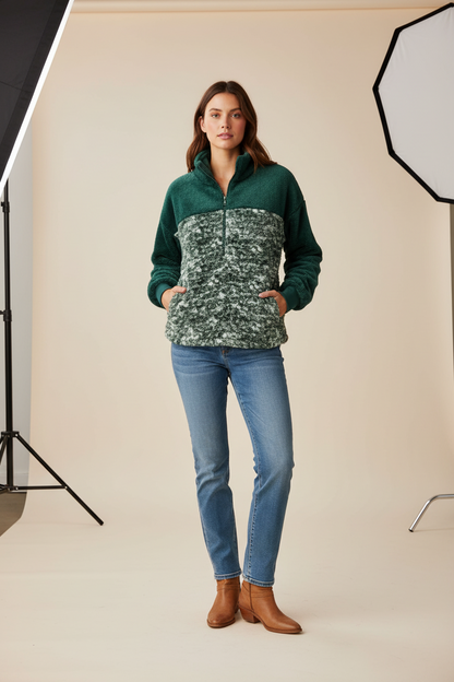 Nancy Half Zip Pullover - Green White Texture