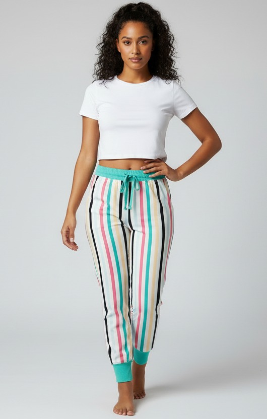 Jax Joggers - White Mint Pink Black Vertical Stripe
