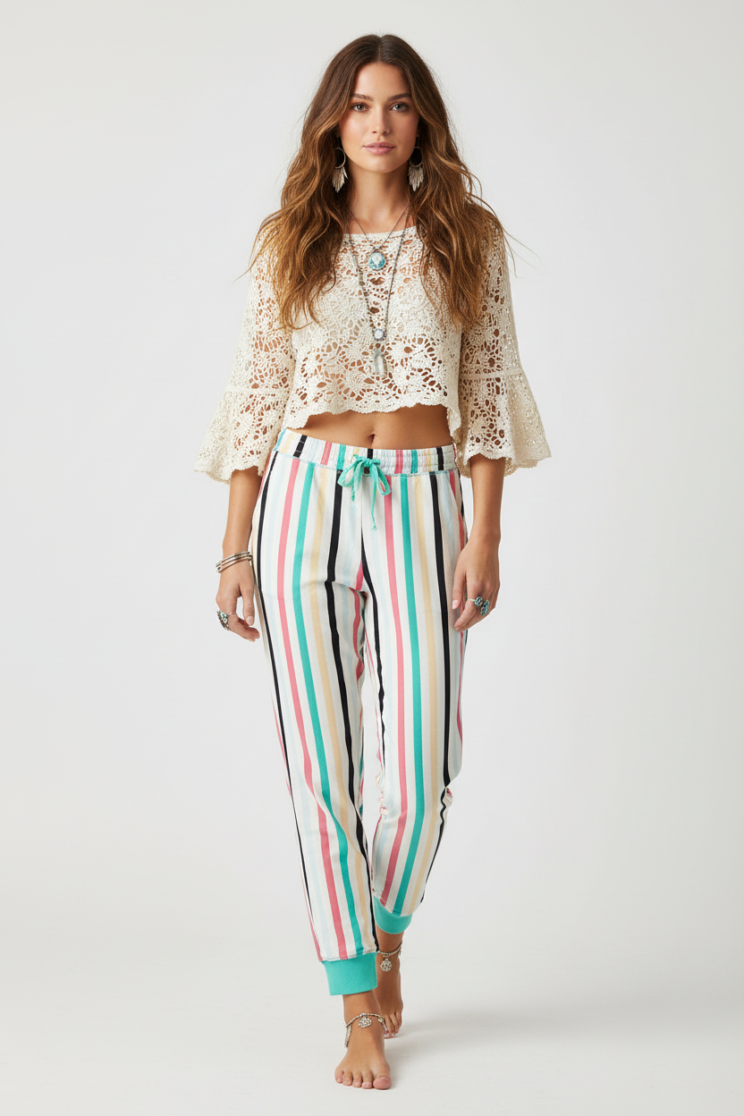 Jax Joggers - White Mint Pink Black Vertical Stripe