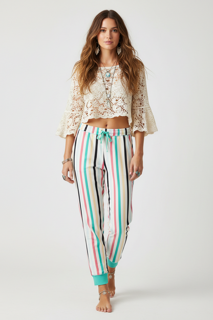 Jax Joggers - White Mint Pink Black Vertical Stripe