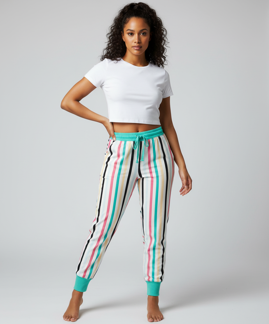 Jax Joggers - White Mint Pink Black Vertical Stripe