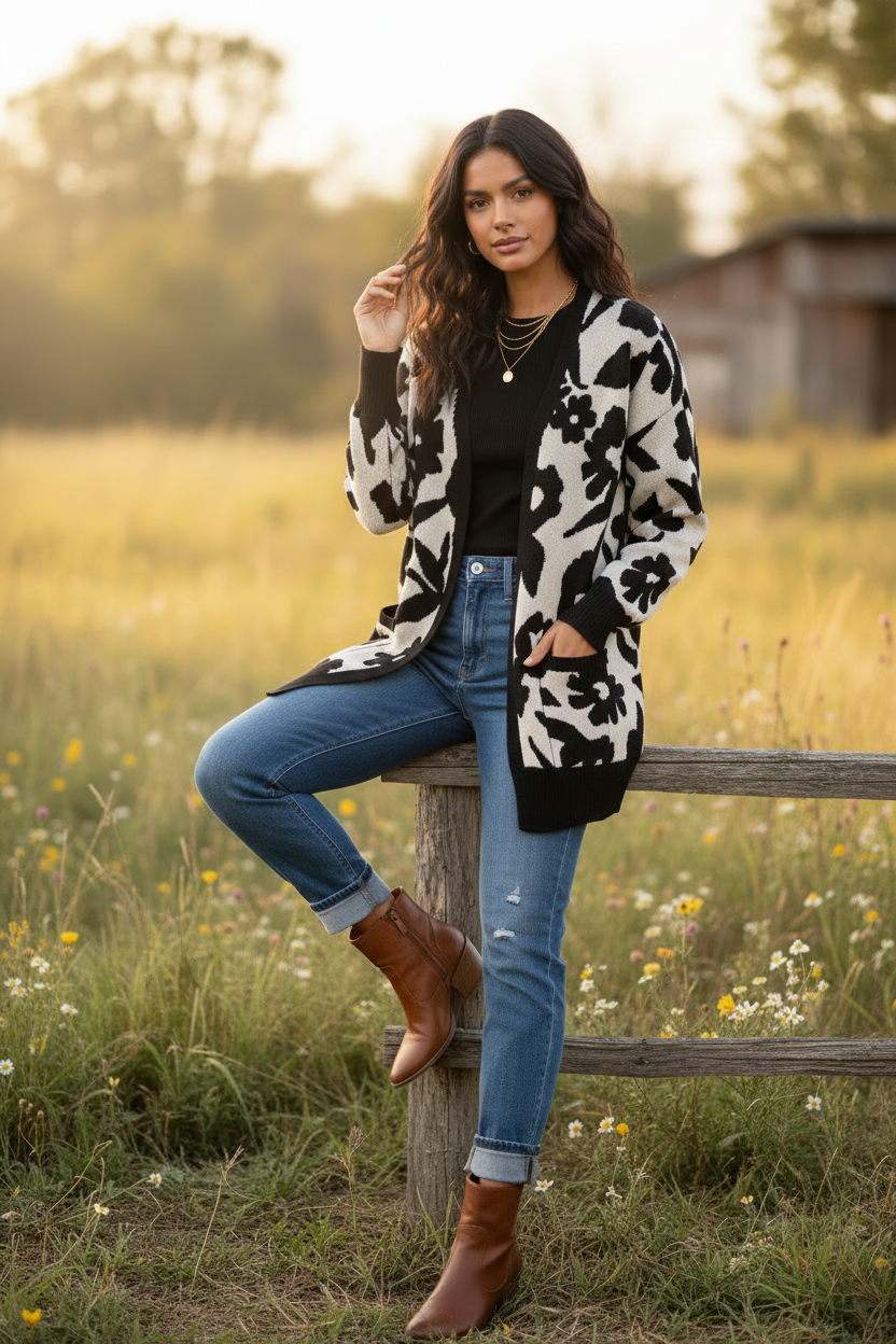 Peyton Cardigan - Ivory Black Floral