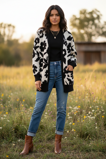 Peyton Cardigan - Ivory Black Floral