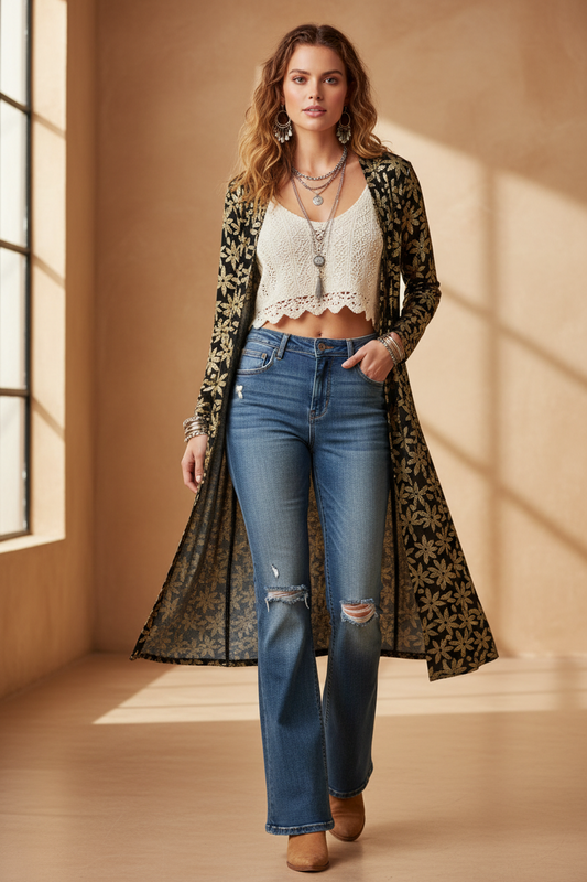 Elegant - LuLaRoe Sarah - Black Silver Gold Flower