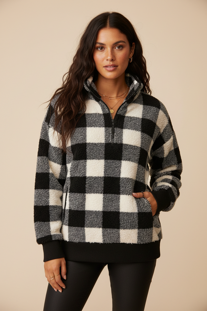 Nancy Half Zip Pullover - White Black Plaid