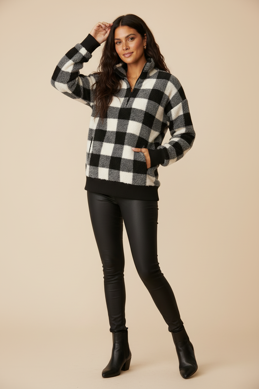 Nancy Half Zip Pullover - White Black Plaid