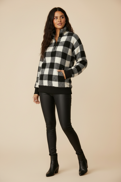 Nancy Half Zip Pullover - White Black Plaid