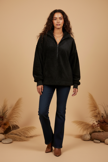 Nancy Half Zip Pullover - Solid Black Velveteen