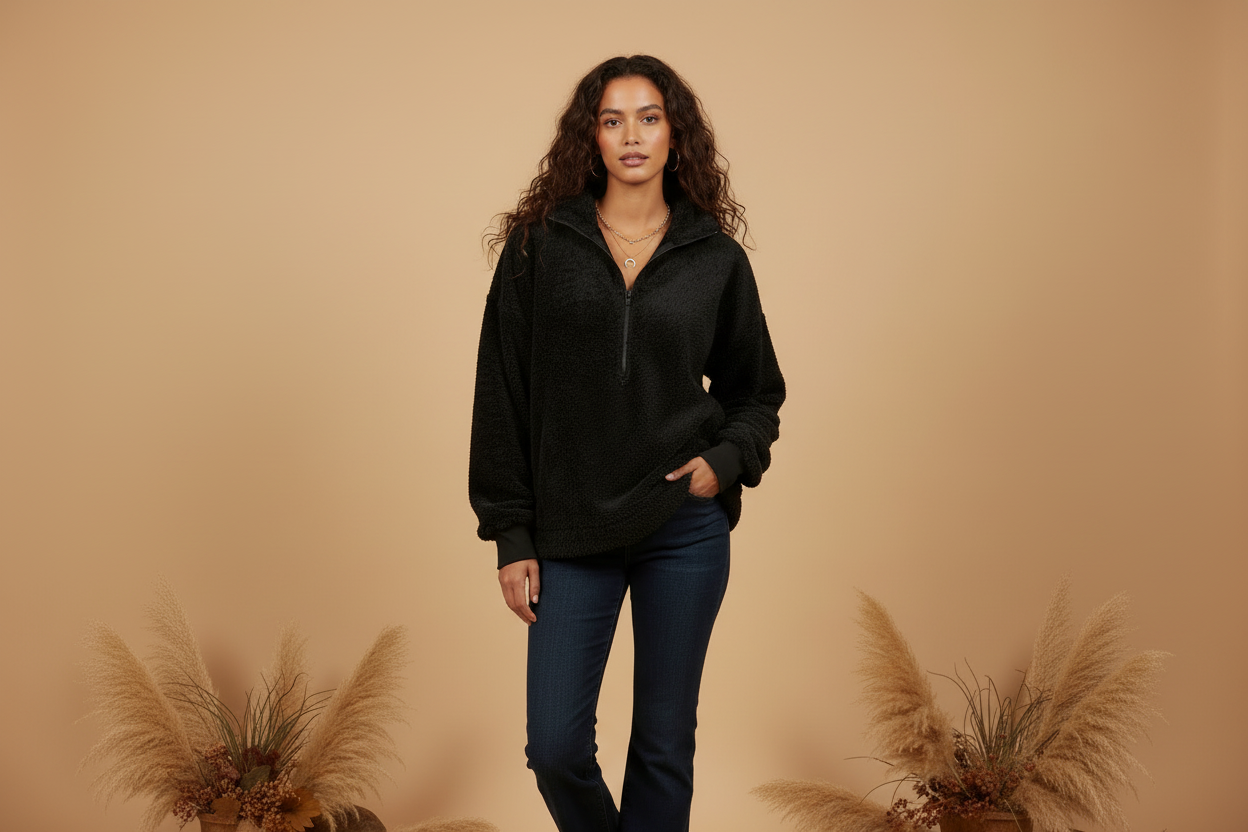 Nancy Half Zip Pullover - Solid Black Velveteen