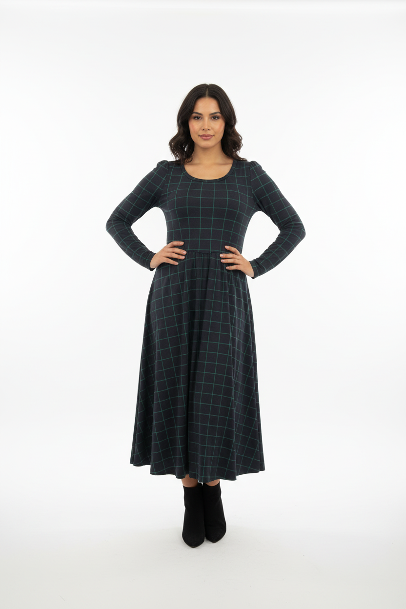 Ryane Maxi Dress - Navy Green Plaid