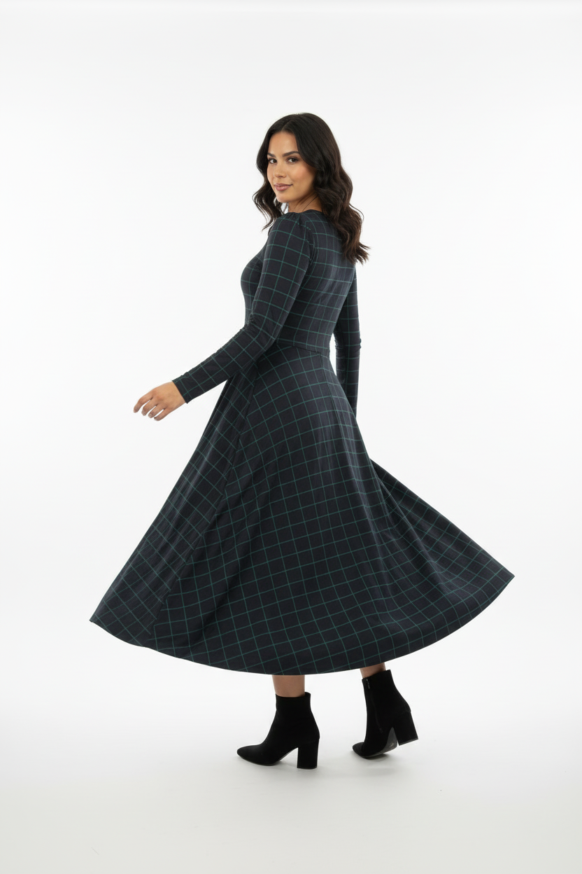 Ryane Maxi Dress - Navy Green Plaid