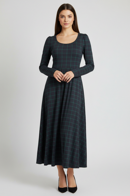 Ryane Maxi Dress - Navy Green Plaid