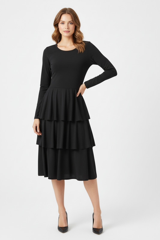 Georgia Tiered Midi Dress - Solid Black