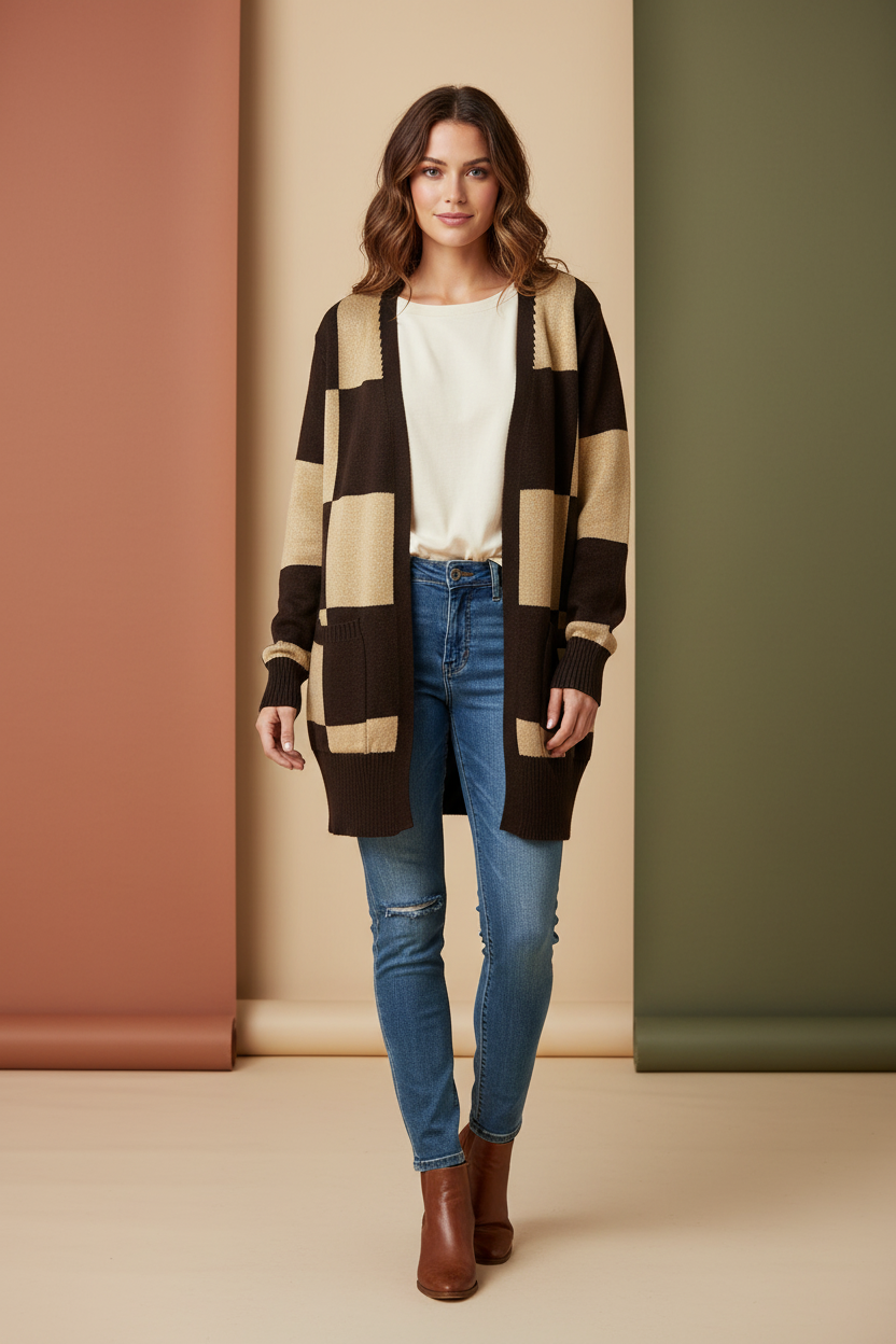 Peyton Cardigan - Tan Brown Check