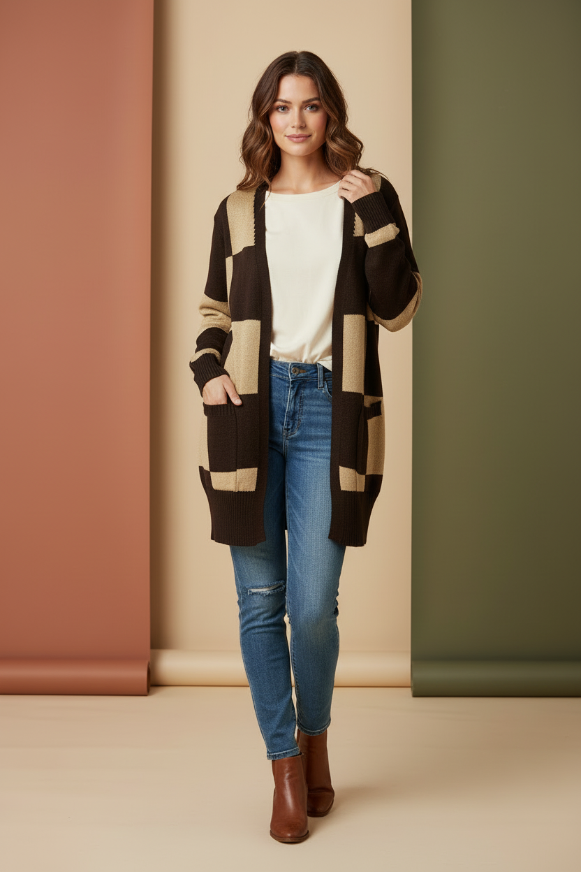 Peyton Cardigan - Tan Brown Check