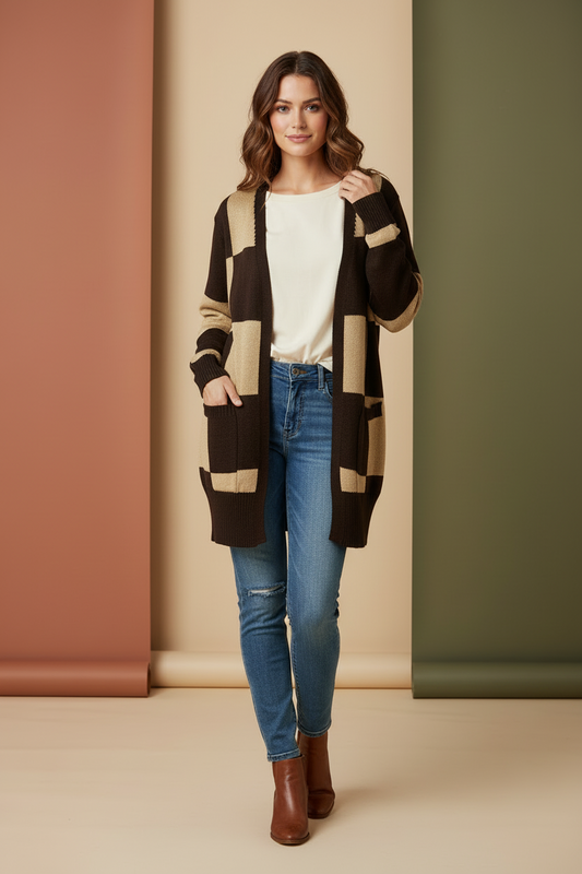 Peyton Cardigan - Tan Brown Check