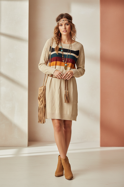 Lauren Sweater Dress - Tan Retro Chest Stripe