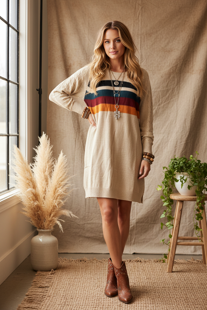 Lauren Sweater Dress - Tan Retro Chest Stripe