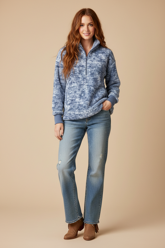 Nancy Half Zip Pullover - Blue White Gravel Texture