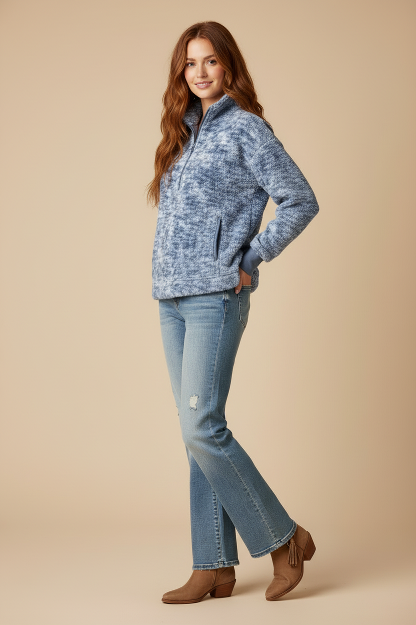 Nancy Half Zip Pullover - Blue White Gravel Texture