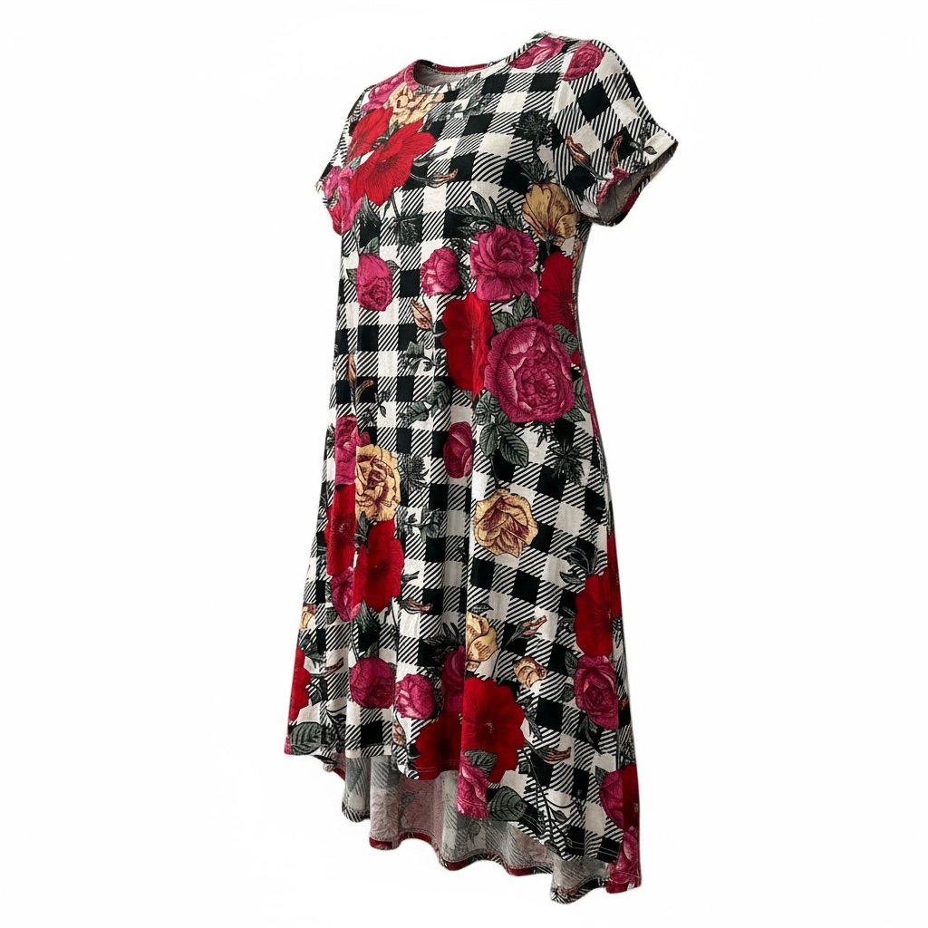 LuLaRoe Carly Dress - Black White Gingham Floral Print with Roses
