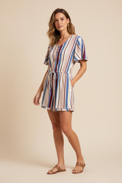 Xanthe - Cream Mauve Blue Vertical Stripe