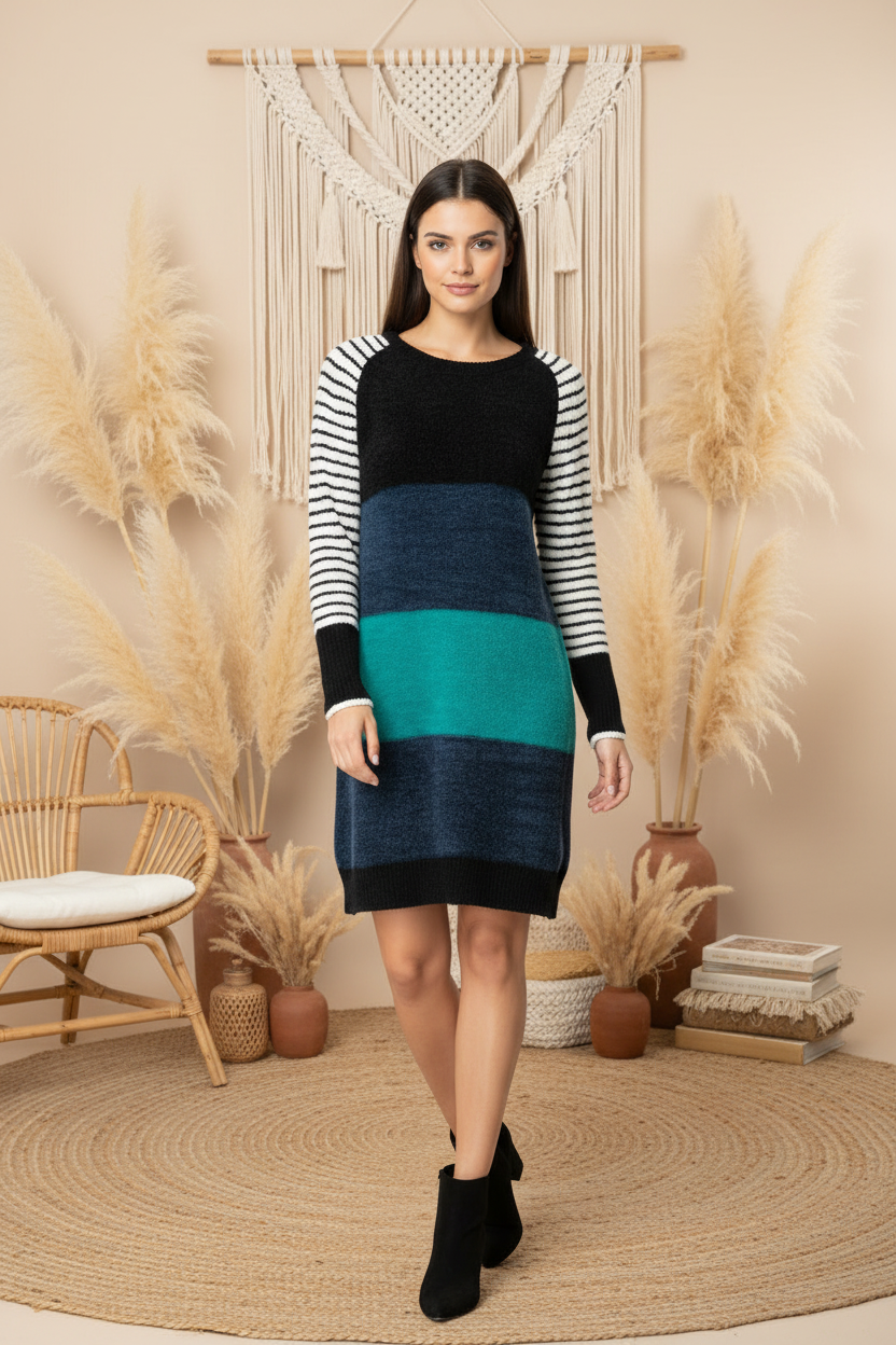Lauren Sweater Dress - Black Navy Teal Block Stripe Chenille