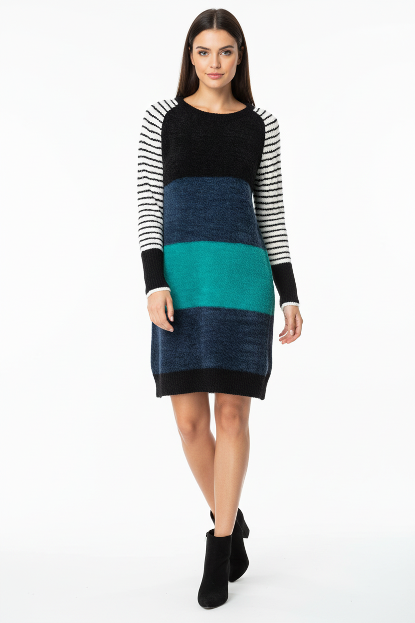 Lauren Sweater Dress - Black Navy Teal Block Stripe Chenille