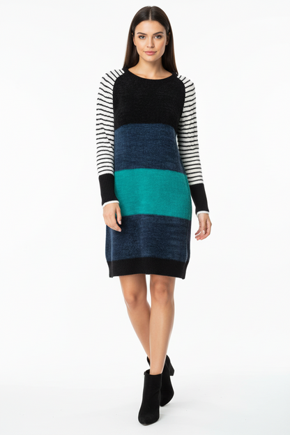 Lauren Sweater Dress - Black Navy Teal Block Stripe Chenille