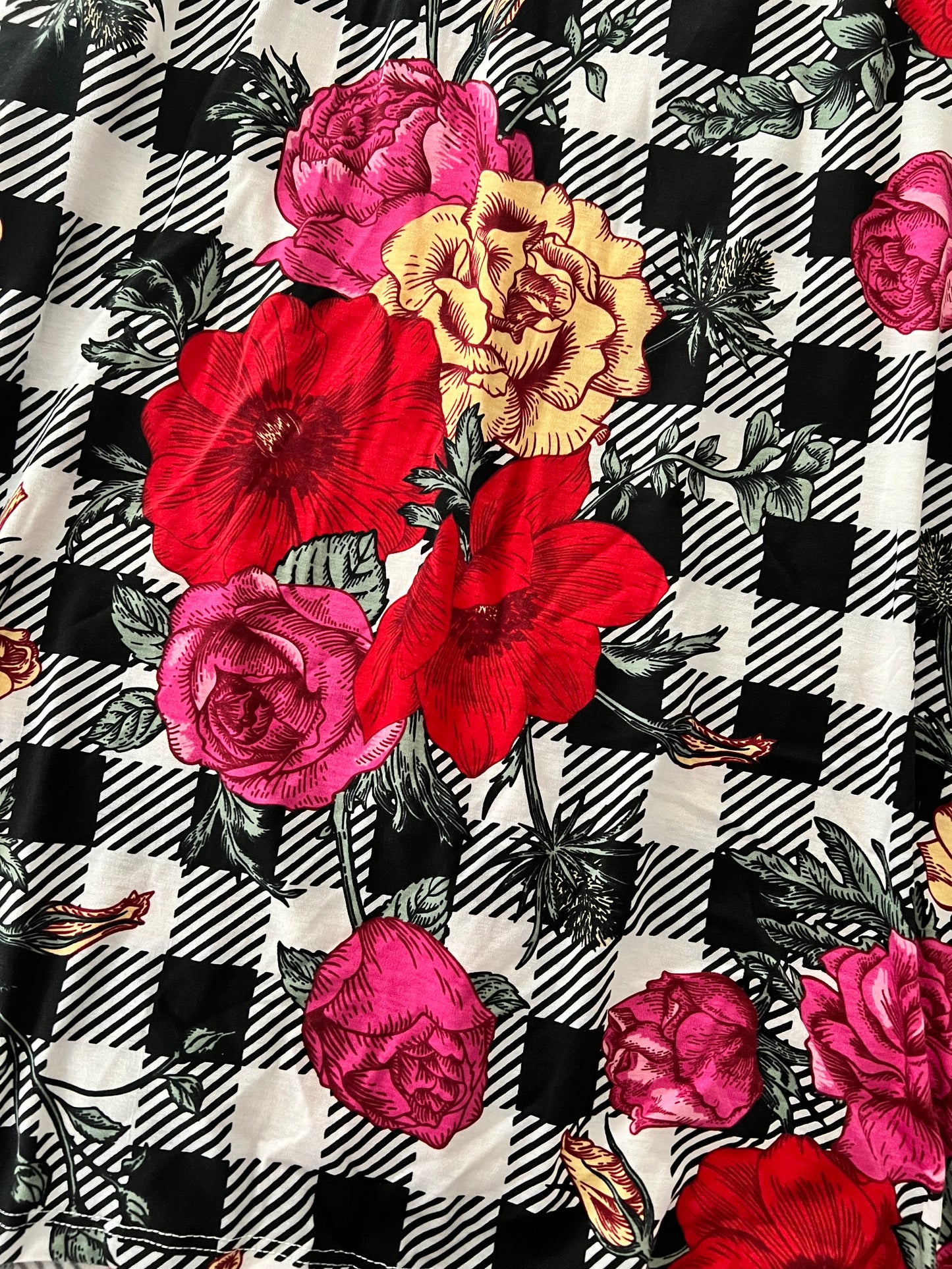 LuLaRoe Carly Dress - Black White Gingham Floral Print with Roses
